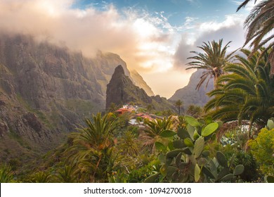 Stunning landscape mountain village in  deep canyon with jungle forest on a paradise island. Beautiful golden hour sunrise sunset soft light. Travel photo, postcard. Masca, Tenerife, Canary Islands