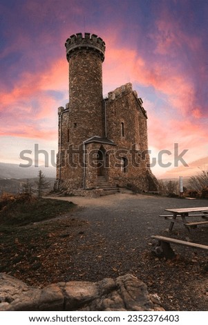 Stunning little castle near city of Karpacz in Poland. Prince Henryk Castle is located in village called Staniszów. Lovely small castle during the sunset in autumn. Gorgeous polish landscape and tones