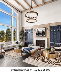 Stunning Living Room Interior In Luxury Home With Tall Ceilings With Wooden Beams, Fireplace, And Elegant Decor. Large Bank Of Windows Shows Exterior View Of Trees And Blue Sky.