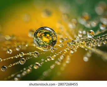 A stunning macro shot captures a single dewdrop on a dandelion seed, reflecting the vibrant colors of the surrounding environment.