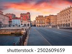 Stunning morning cityscape of Trieste town, Italy, Europe. Exciting summer sunrise on Piazza del Ponte rosso Town square. Traveling concept background.