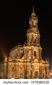 Stunning Night View Of The Dresdene Hofkirche (Dresden Cathedral) On Schloßplatz Square Near Elbe River In The Old Town Of Dresden, Saxony, Germany.