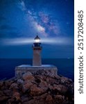 Stunning nightscape at Cape Tainaro, Greece, with the Milky Way illuminating the sky behind a solitary lighthouse overlooking the vast sea.