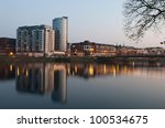 stunning nightscene with Riverpoint buildings and Shannon bridge (over Shannon river) in Limerick, Ireland (picture taken after sunset)