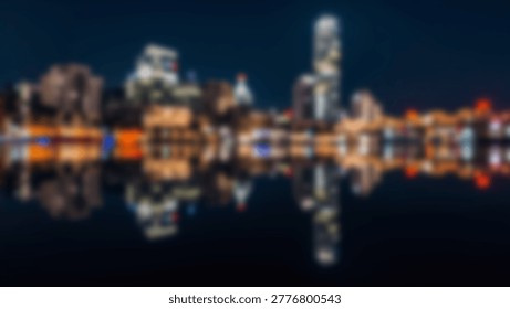 Stunning nighttime cityscape reflection, showcasing illuminated buildings mirrored on dark water, creating a captivating visual spectacle.