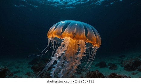 Stunning Orange Jellyfish Glows Elegantly in the Deep Blue Ocean, Capturing the Mystical Beauty and Grace of Marine Life with Its Translucent Bell and Long, Flowing Tentacles - Powered by Shutterstock