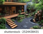 Stunning Outdoor Courtyard with Tranquil Zen Inspired Design and Lush Greenery  Beautiful home landscape featuring a natural stone path cascading water feature 