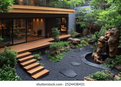 Stunning Outdoor Courtyard with Tranquil Zen Inspired Design and Lush Greenery  Beautiful home landscape featuring a natural stone path cascading water feature  - Powered by Shutterstock