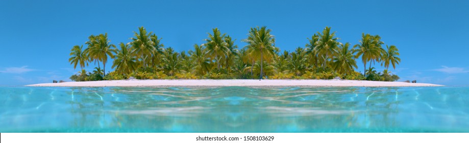 Stunning palm tree sandy shoreline of a remote island in the sunny Philippines. Breathtaking panoramic view of white sand exotic beach and the turquoise colored Pacific Ocean on a perfect summer day.