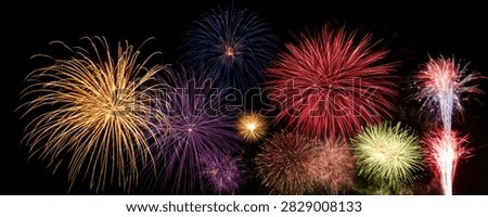 A stunning panorama of colorful fireworks exploding in the dark night sky, creating a festive and celebratory atmosphere.