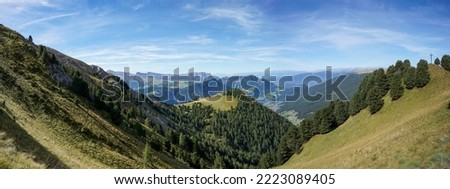 Stunning panoramic moutain view in the dolomites. Gardena valley, alto adige, south tyrol. hiking, nature and holiday concept.