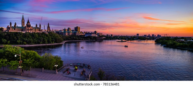 Stunning Panoramic View of Ottawa River and Parliament of Canada Summer Sunset
