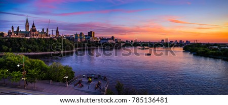 Stunning Panoramic View of Ottawa River and Parliament of Canada Summer Sunset