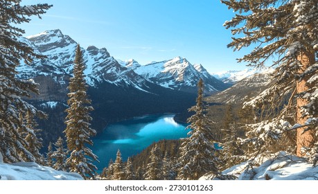 Stunning panoramic view of a pristine turquoise mountain lake nestled among snow-capped peaks and evergreen pine trees, bathed in soft natural light, evoking tranquility and adventure for travel, nature, and outdoor lifestyle projects.