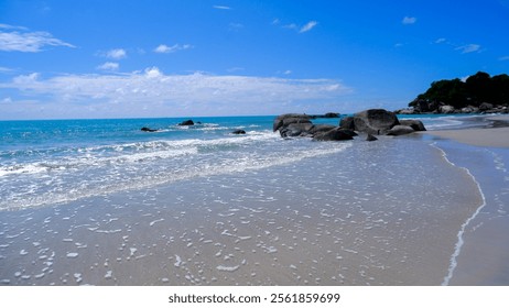 A Stunning Panoramic View Of A Secluded Beach. Calm Turquoise Water Laps Against Rugged Moss-covered Rocks, With Soft White Sand - Powered by Shutterstock