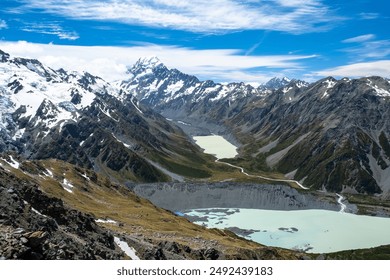 A stunning panoramic view of a snowy mountain range with glacial lakes nestled in the valleys below, under a clear blue sky. - Powered by Shutterstock