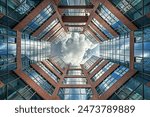 A stunning perspective image showcasing a futuristic building made of modern steel, glass, and brick