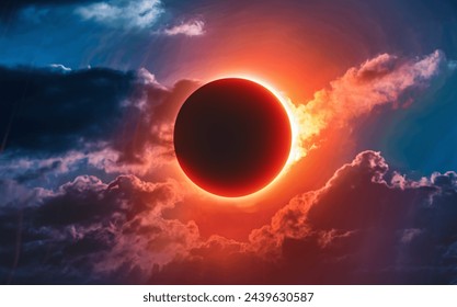 A stunning photograph of a solar eclipse taking place during the afternoon sky. The sun is mostly obscured by the moon. - Powered by Shutterstock