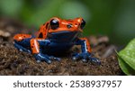 A stunning poison dart frog, with its bright red and blue coloration, perches on a forest floor, showcasing its vibrant beauty and toxic nature