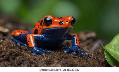 A stunning poison dart frog, with its bright red and blue coloration, perches on a forest floor, showcasing its vibrant beauty and toxic nature - Powered by Shutterstock