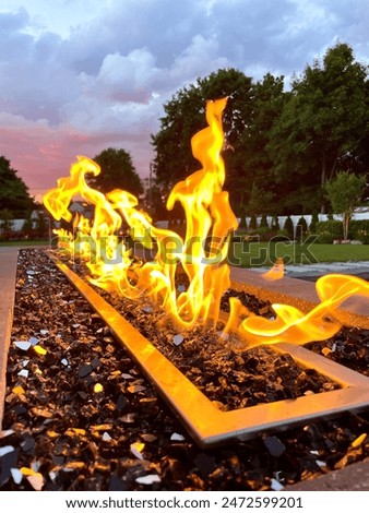 Stunning poolside gas fire pit filled with black glass compliments the in-ground, built in pool at sunset. Provides the perfect amount of warmth for entertaining and can be enjoyed all year round. 