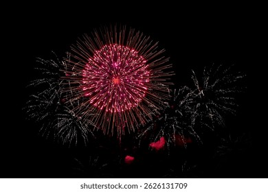 Stunning red and gold fireworks captured mid-explosion against a pitch-black sky. The sparkling trails and radiant burst patterns make it perfect for themes of celebration and festivals.