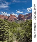 Stunning red rock formations in Kolob Canyons, Utah, framed by lush greenery and a bright blue sky with clouds.