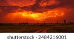 A stunning red sky lightning storm. Climate change concept