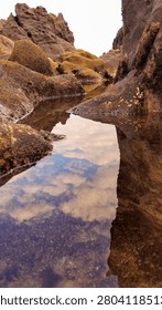 Stunning reflection of clouds and sky in a calm tide pool surrounded by dark volcanic shore rocks.Clear water puddle among coastal rock formations creating a beautiful natural mirror of the cloudy sky.Low angle vertical shot of sky reflection on a serene rocky beach tide pool during low tide.
