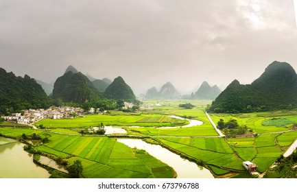Stunning rice field view with karst formations in Guangxi, China