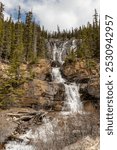 Stunning scenes from Tangle Creek Falls on the Icefields Parkway during spring time with nature waterfall running down the side of a beautiful cliff face in Banff Jasper area of Canada. 