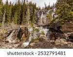 Stunning scenes from Tangle Creek Falls on the Icefields Parkway during spring time with nature waterfall running down the side of a beautiful cliff face in Banff Jasper area of Canada. 