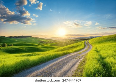 Stunning Summer Landscape with Rolling Green Hills and a Sunlit Path - Powered by Shutterstock