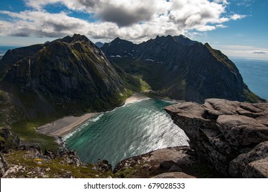 Stunning summer landscape and view towards Kvalvika Beach in Lofoten, Norway  - Shutterstock ID 679028533