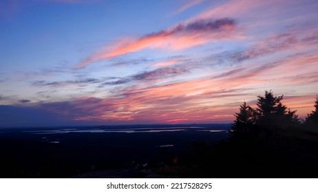 Stunning Summer Sunset From Cadillac Mountain At Acadia National Park. 