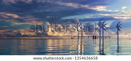 Stunning sunrise views of Cairns Esplanade Lagoon, Cairns, Australia.  Tropical north, Queensland, Australia - Image