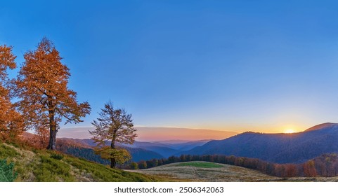 A stunning sunset over rolling hills and valleys with golden autumn trees in the foreground. The vibrant orange and pink hues contrast with the clear blue sky, creating a tranquil and scenic landscape - Powered by Shutterstock