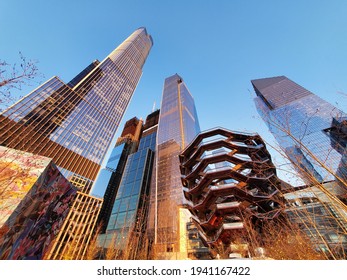 Stunning sunset photograph of the iconic Hudson Yards skyscrapers including The Vessel, located in Manhattan, New York