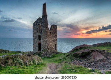 Stunning sunset at Wheal Owles mine ruins on in the far west of Cornwall at Botallack