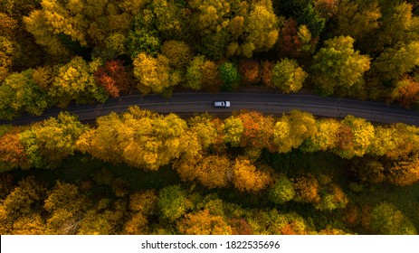  Stunning Top View Of The Morning Autumn Forest And Road With A Car. High Quality Photo