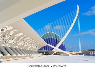 Stunning view of architectural symmetry featuring futuristic structures and colorful design elements within the City of Arts and Sciences complex in Valencia, Spain - Powered by Shutterstock