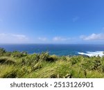 A stunning view of the Atlantic Ocean from the Irish coastline, showcasing the expansive sea and rugged coastal landscape. The photo captures the natural beauty of Ireland