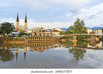 Stunning View of Cathedral of the Immaculate Conception as Seen from the Chantaboon Waterfront Community, Chanthaburi, Thailand