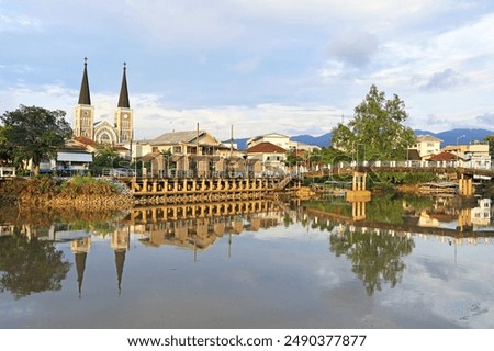 Stunning View of Cathedral of the Immaculate Conception as Seen from the Chantaboon Waterfront Community, Chanthaburi, Thailand
