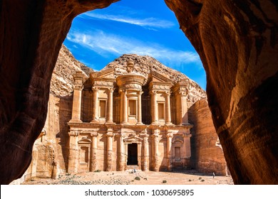 Stunning view from a cave of the Ad Deir - Monastery in the ancient city of Petra, Jordan: Incredible UNESCO World Heritage Site.