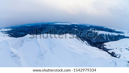 Stunning view of the cliffs covered with snow and trees on a cloudy winter day at the ski resort. Holiday concept in a harsh northern country. Copyspce