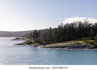 Stunning view of coastal landscape with lush forests and glistening blue waters in Gulf Islands, British Columbia, Canada. Perfect for nature lovers and those seeking serenity in natural beauty. - Powered by Shutterstock