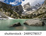 A stunning view of Delta Lake in Grand Teton on a sunny day in Grand Teton National Park, Wyoming, USA