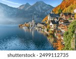 Stunning view of famous Hallstatt mountain village with Hallstatter lake. Popular travel destination. Location:  Hallstatt, Salzkammergut region, Austria, Alps. Europe.