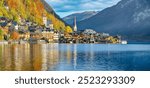 Stunning view of famous Hallstatt mountain village with Hallstatter lake. Popular travel destination. Location:  Hallstatt, Salzkammergut region, Austria, Alps. Europe.